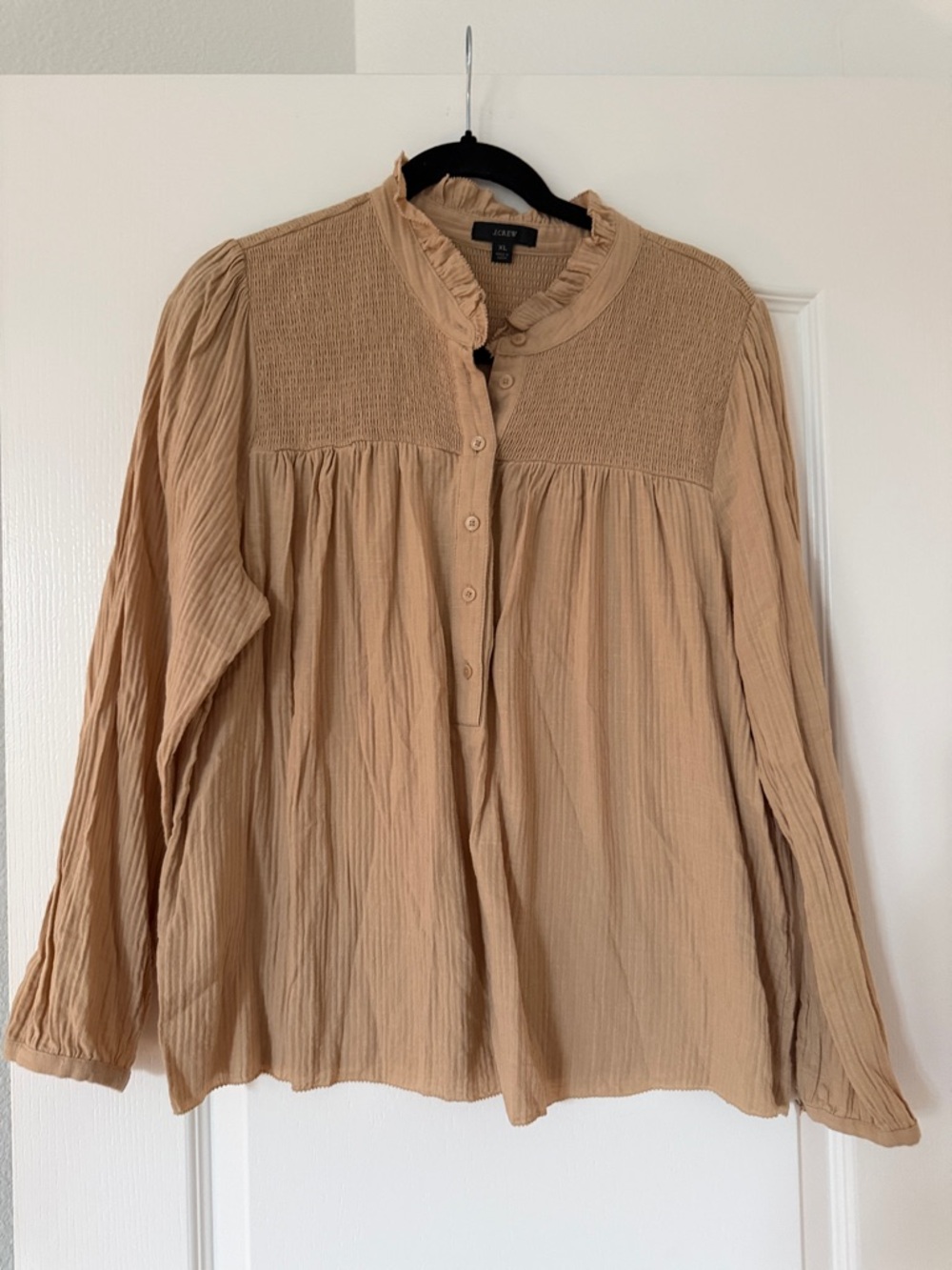 J Crew Beige Smocked Yoke Ruffle Collar Popover